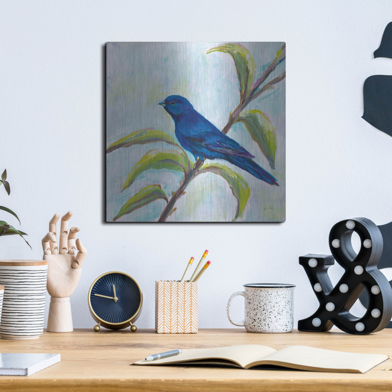 Art mural luxueux «Indigo Bunting» par Jeanette Vertentes, 36 po x 36 po, H 12 po x l 12 po