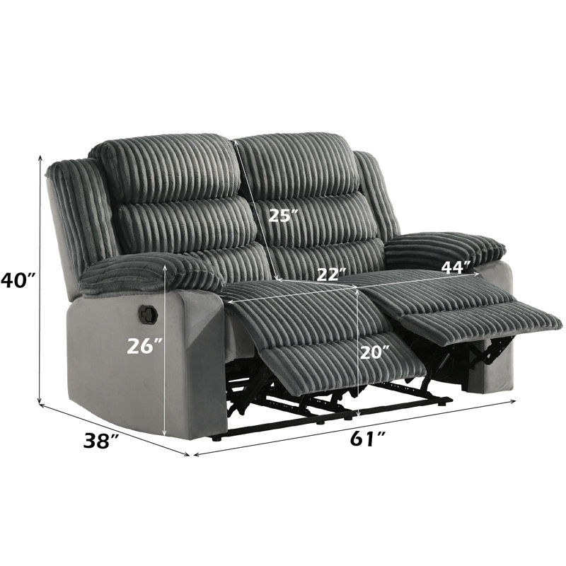 Structure de siège en velours côtelé gris avec structure à ressorts ensachés, structure intérieure en bois, coussin de dossier serré, dossier en K, accoudoir à plateau-coussin, capacité de 440 lb, largeur de 44 po, profondeur de 22 po, hauteur de 20 po, produit de 38 po