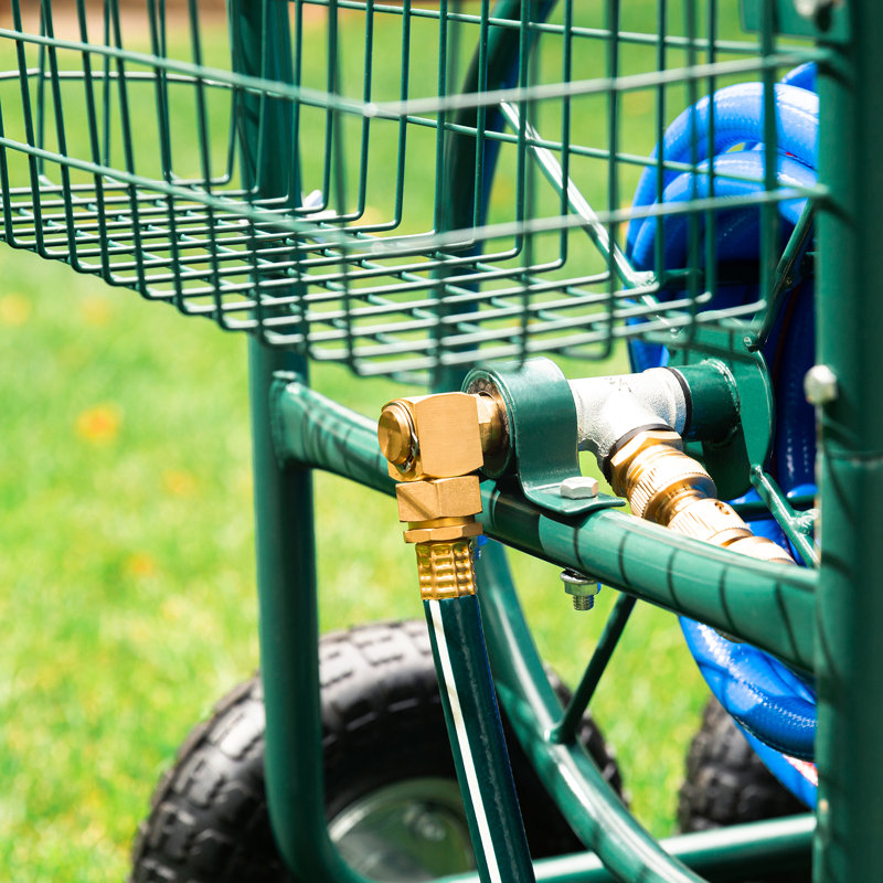 Green Steel 4-Wheel Garden Hose Reel Cart with Climate Resistant Finish