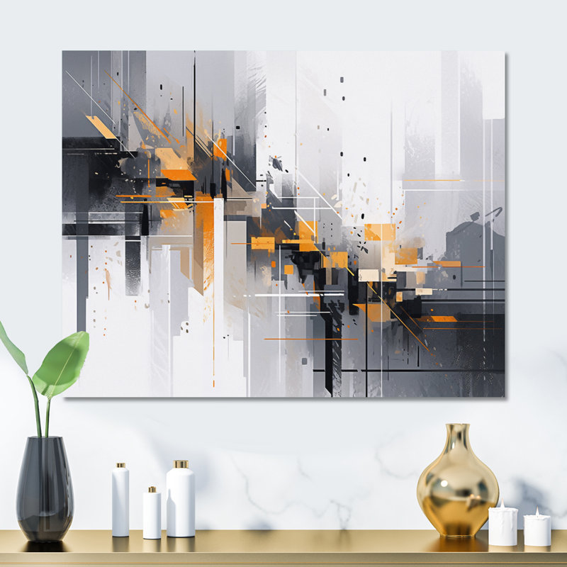 Orange Grey Symmetrical Sripes I - Cubism Print on Metal, 16" H x 32" W x 1" D
