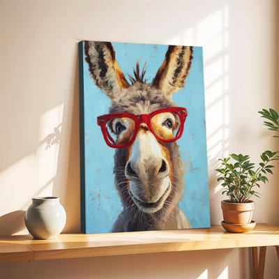 Cute Donkey Wearing Red Glasses Animal Oil Painting, Large Gallery Wrapped Canvas Wall Art Print For Living Room Bedroom