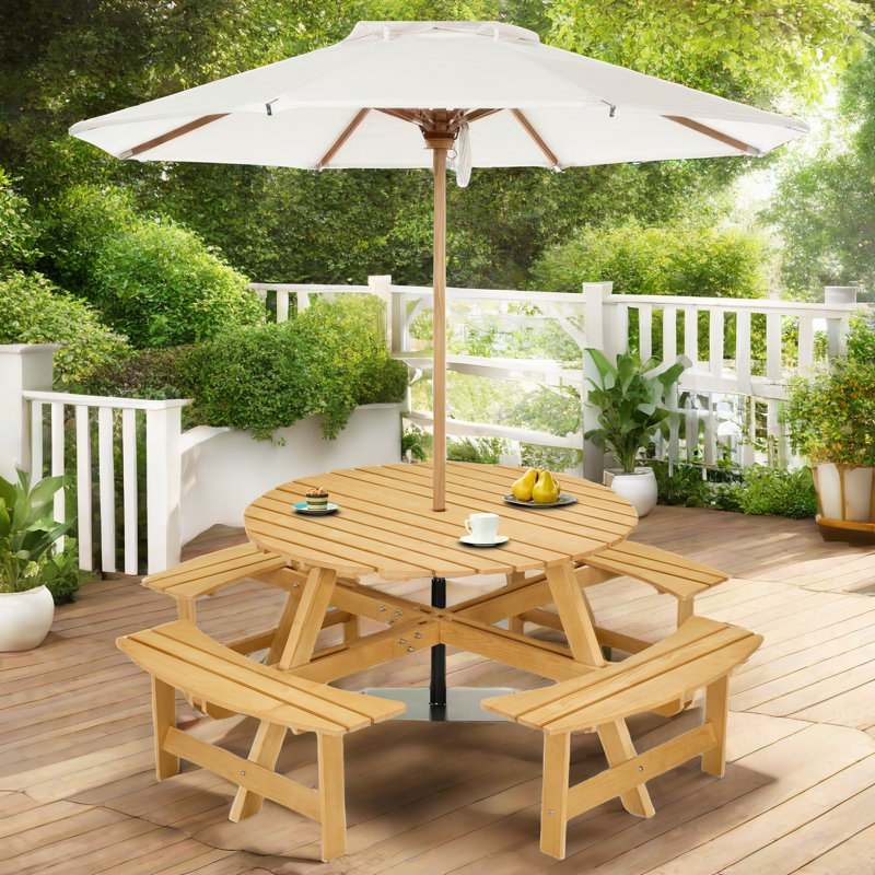Karabella Outdoor 8-person Dining Sets With 4 Built-in Benches And Umbrella Hole, Natural