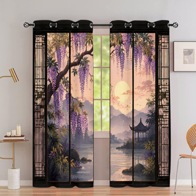 2 rideaux occultants avec œillets, tissu en polyester imprimé de paysage de glycine japonaise, isolant thermique, isolant, isolant, isolant et isolant