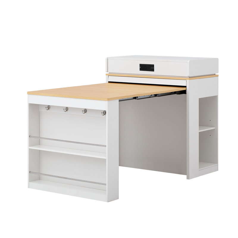 Îlot de cuisine avec plateau de table extensible, Blanc
