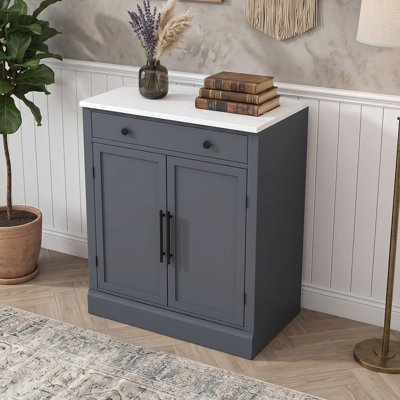 Buffet autoportant moderne en bois avec plateau en faux marbre, tablettes réglables et tiroir