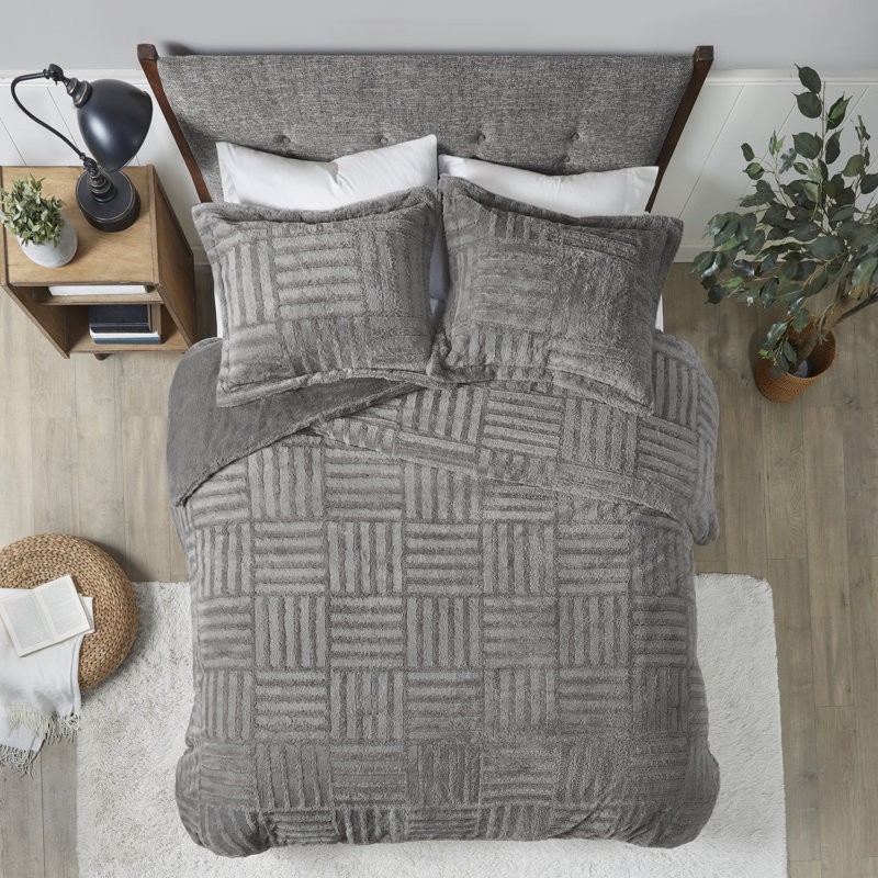 Mini ensemble d'édredon en duvet synthétique fourrure arctique, Édredon double / grand et 2 taies décoratives tr, Gris