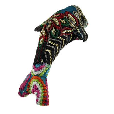 Coastal vintage colorful Indian dolphin sculpture, paper mache and recycled polyester sari fabric, 7.5 inches wide