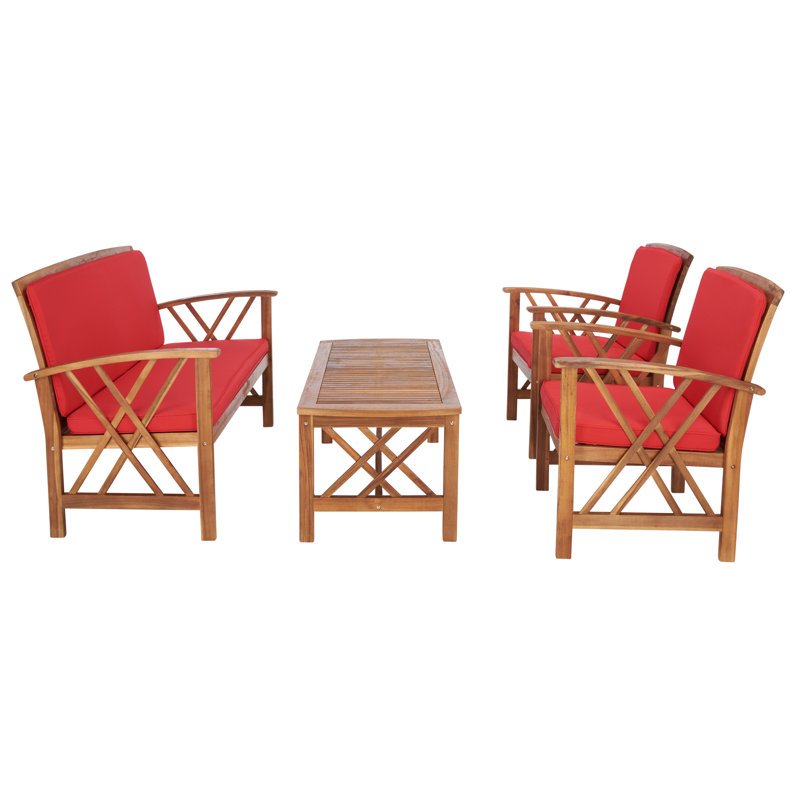 Ensemble de conversation de terrasse en bois massif pour 4 personnes Calhoun, Structure en bois naturel / coussin rouge