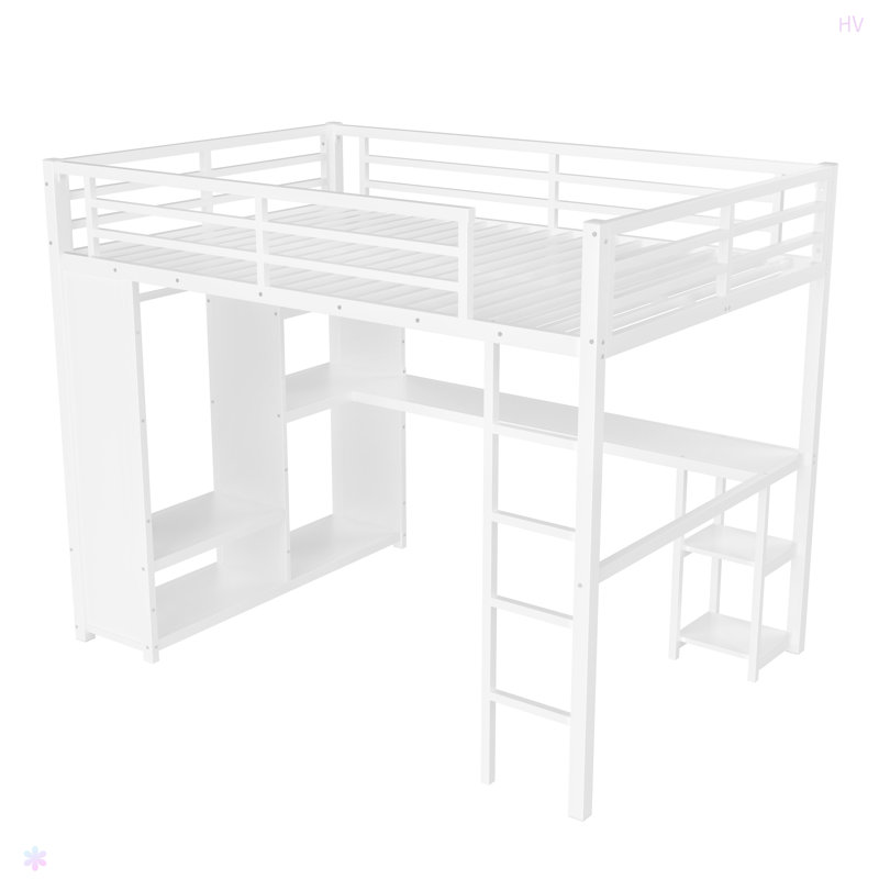 Structure de lit mezzanine avec garde-robe intégrée, lit mezzanine en métal avec bureau et tablettes de rangement, Grand