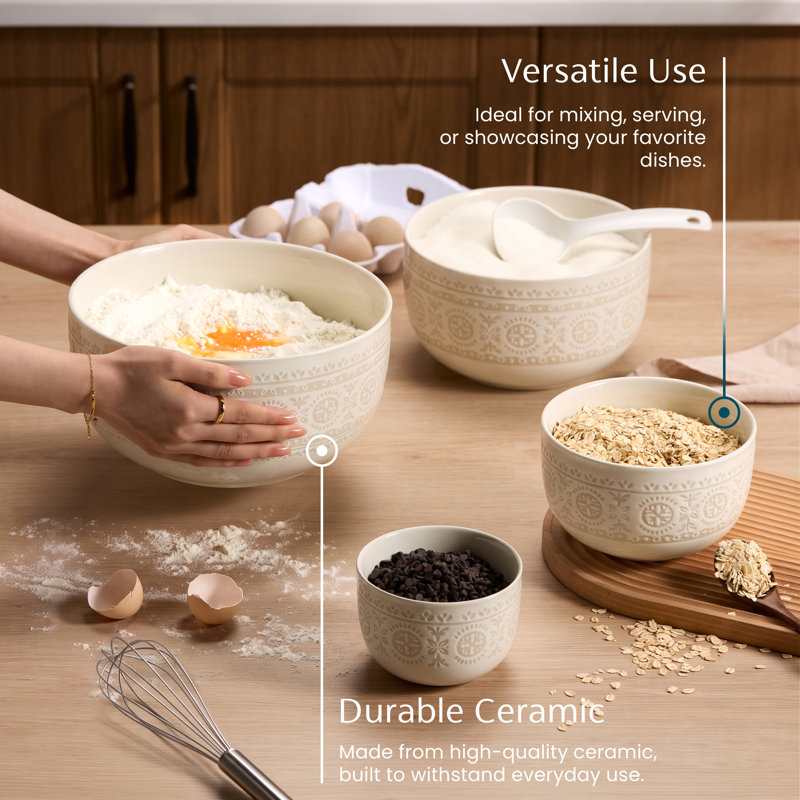Kook Ceramic Nesting Bowls, Mosaic, Ivory (18/44/100/156 oz)