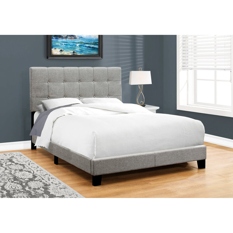 Full Size Bed With Grey Linen Upholstery And A Stable Frame Bedroom In Upholstered Fabric Padded Headboard
