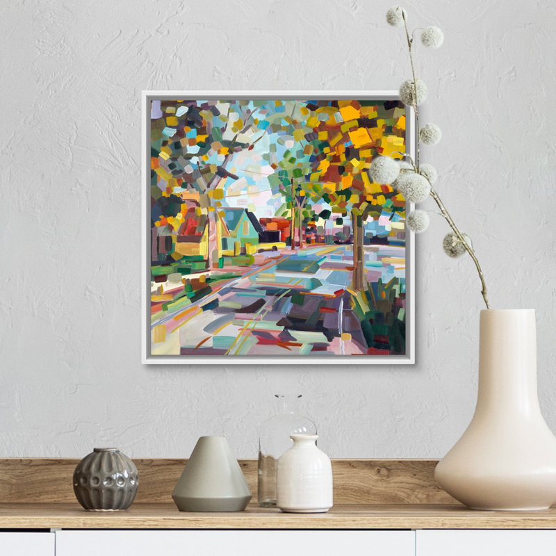 « Fall Neighborhood » par Brooke Borcherding, reproduction d’art sur toile, H 14 po x l 14 po x 1,75 po, Cadre flottant blanc