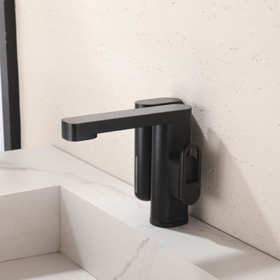 Robinet de salle de bain moderne sans contact avec distributeur de savon intégré, affichage numérique de la température