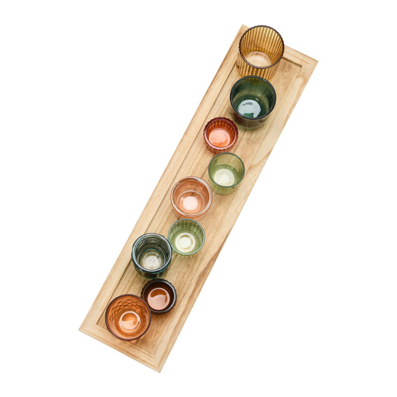 Devers Round Glass Votive Holders on Wood Tray, Set of 9, Yellow/Green