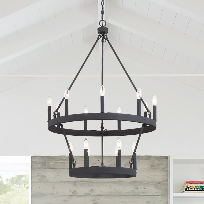 Adriana 15-Light 2-Tier Dimmable Wagon Wheel Chandelier, Black