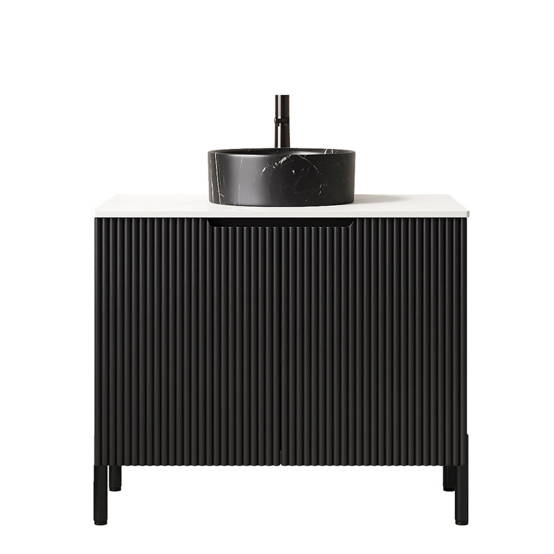 Meuble-lavabo de salle de bain avec lavabo, meuble de rangement autoportant avec 2 portes, lavabo rond en céramique noire avec motif en pierre et comptoir en pierre frittée blanc de Carrare, sans robinet