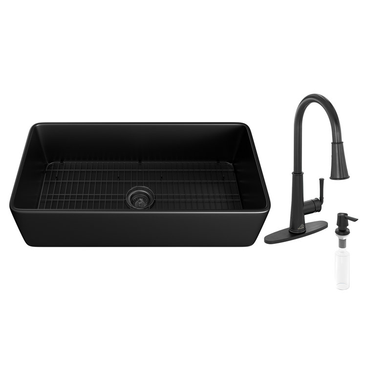 Fireclay Farmhouse Apron Kitchen Sink With LED Function Kitchen Faucet