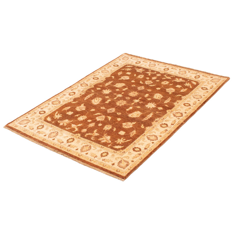 Tapis unique en laine noué à la main 5 pi 0 po x 7 pi 0 po nouvel âge Peshawar brun / jaune / crème