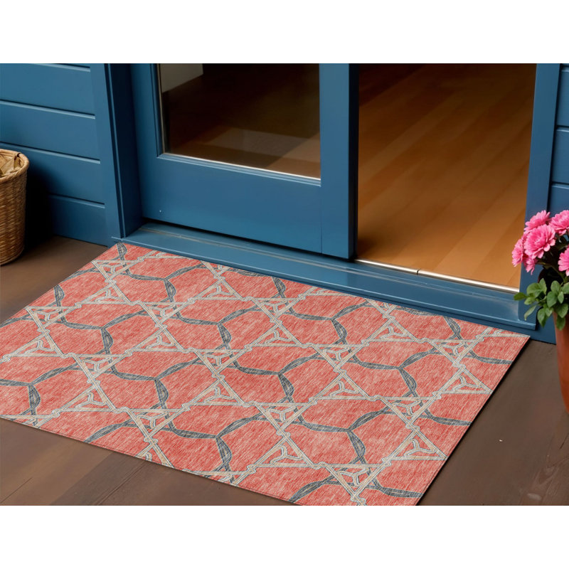 3' X 5' Coral And Taupe Geometric Washable Indoor Outdoor Area Rug