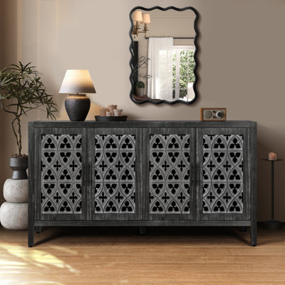 Hollow Four Door Cabinet, American Country Style, Suitable For Living Room, TV Cabinet, Kitchen (Black)