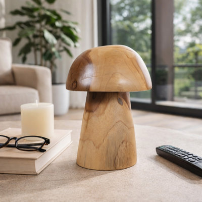 Modern Teak Wood Carved Mushroom Statue Object For Living Room Decor - Natural Decorative Accent For Shelf, Tabletop Or Home Decor - Brown