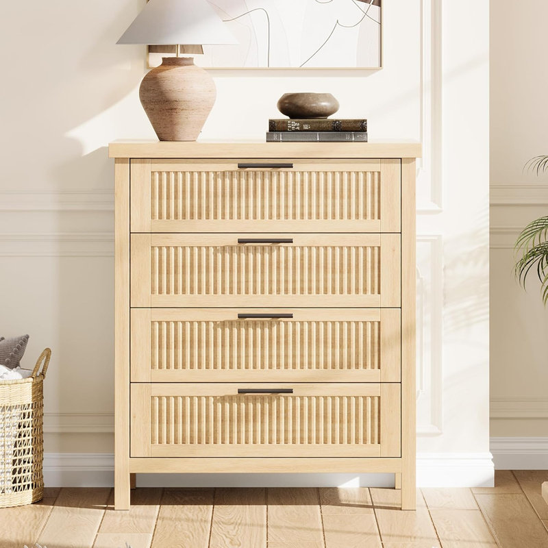 35.4 Inch Fluted Dresser with 4 Drawers, Tall Storage Cabinet for Bedroom, Living Room, Closet, Hallway,Natural, Natural