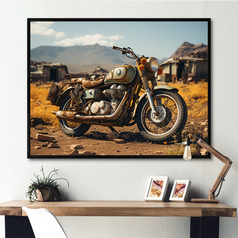 Rustic Adventure - Moto - Décoration murale moto, Cadre flottant noir, H 24 po x l 32 po x P 1 po