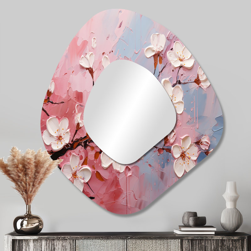 Kyrie White and PInk Cherry tree bloom III - Cherry Unique Shape Wall Mirror, Pink Asymmetrical Decorative Mirror, Printed Metal Art