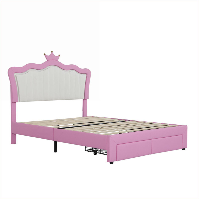 Lit plateforme tapissier en similicuir, lit double Princess avec lumières DEL et tiroirs de rangement, rose et blanc doux