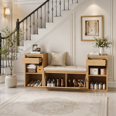 Banc de rangement tout-en-un avec coussin, compartiments, tiroirs et tablettes ouvertes, banc de rangement