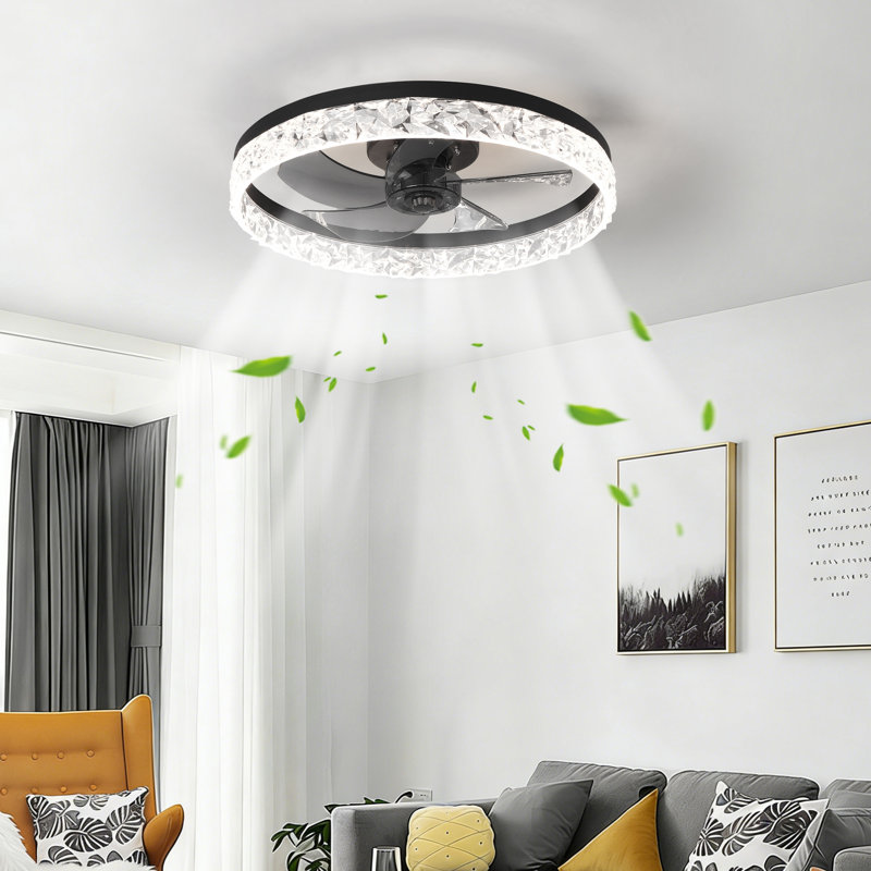 20'' Crystal Ceiling Fan With Dimmable Led Light, App & Remote Control, 3 Cct, Flush Mount For Bedroom, Matte Black, Black