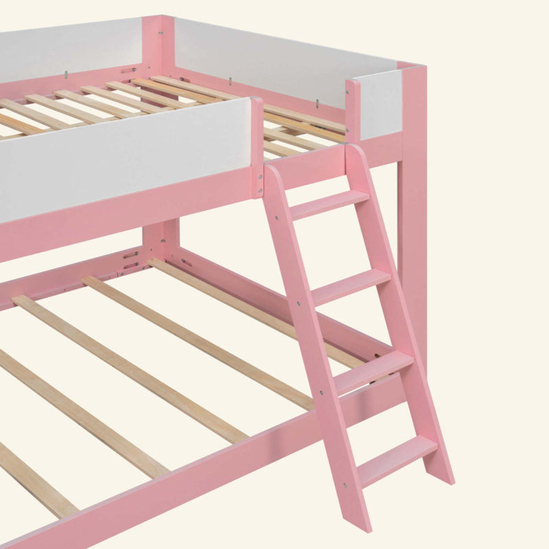 Lit superposé bas, lit superposé convertible en bois avec échelle réversible et garde-corps de sécurité, Queen, Pink