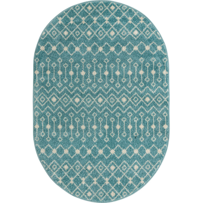 Tapis bleu turquoise en polypropylène tissé à la machine Briehn, Ovale 4 pi x 6 pi