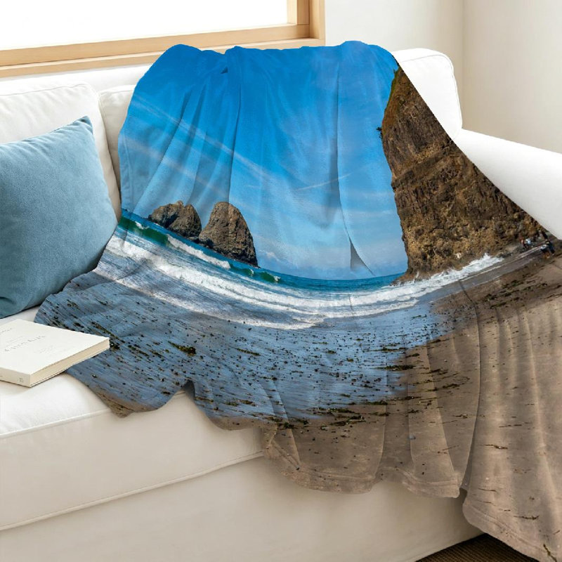 Jeté en molleton bleu flanelle ultra doux, imprimé face à la plage Oregon, Throw 40" x 50"