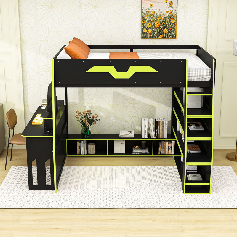 Lit mezzanine double en bois avec bureau, tablettes et lumière RVB contrôlée par l'application, Vert