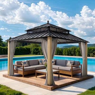 SUNJOY Kingston 12x12 Gazebo, Steel Hardtop Gazebo with Curtain and Netting - Cedar Posts