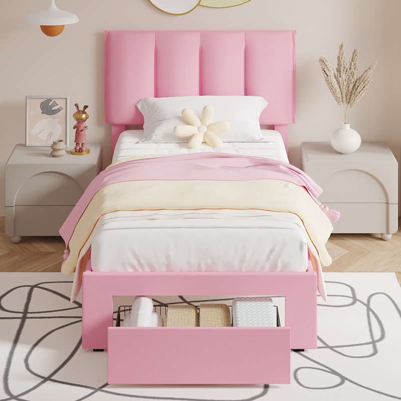 Structure de lit simple avec tiroir de rangement Cahlin, Rose, Simple