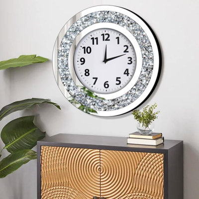 Horloge murale en cristal 16 po x 16 po x 2 po pour décoration murale miroir en verre argenté La pile AA n'est pas incluse.