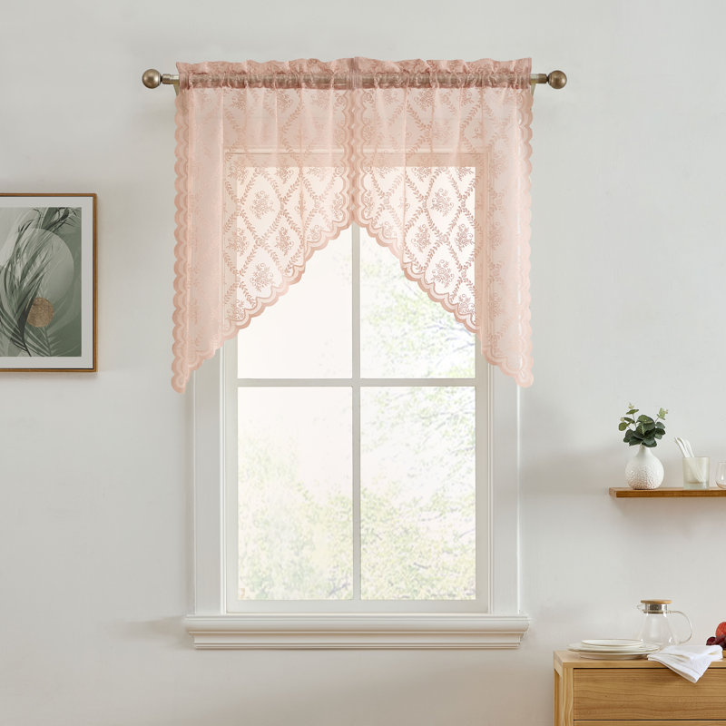 Hayson Floral Rod Pocket Lace Short Cafe Swags for Small Windows - 28 x 36 Inch Length - Set of 2, Blush Pink