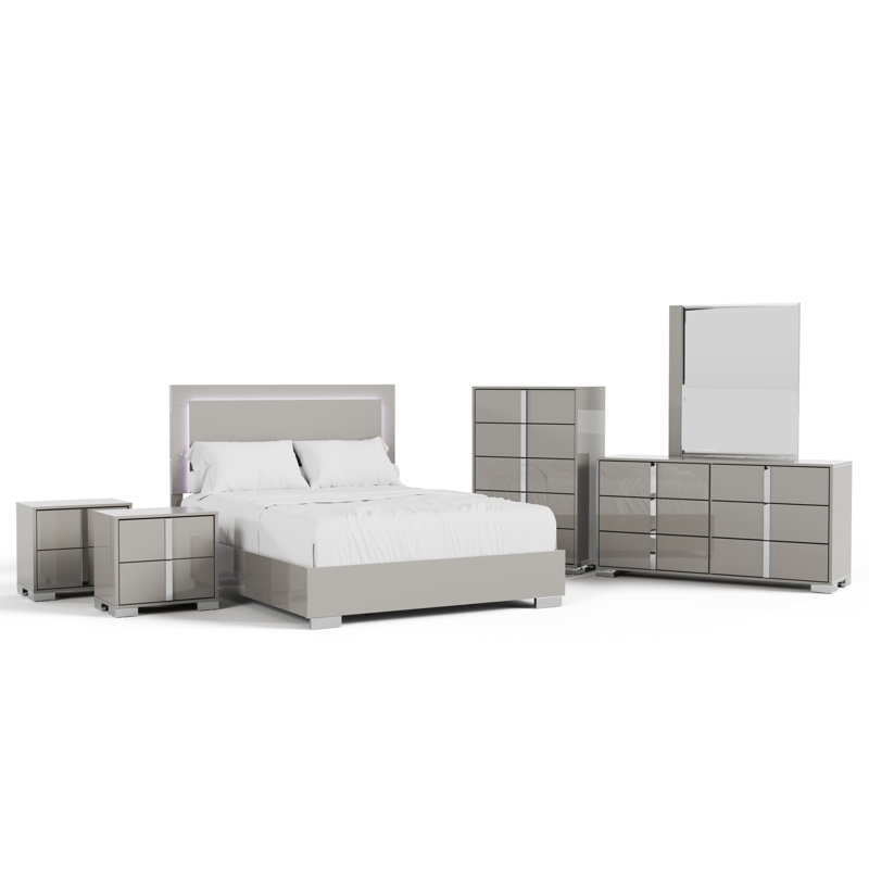 Ensemble de chambre Duckworth, Grand, Gris taupe, 6 Pcs: Bed, 2 Nightstands, 2 Dressers, Mirror