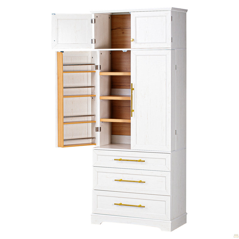 78.2" Tall Farmhouse Kitchen Pantry Cabinet With 8 Door Shelves, Storage Cabinet With 3 Adjustable Shelves, White