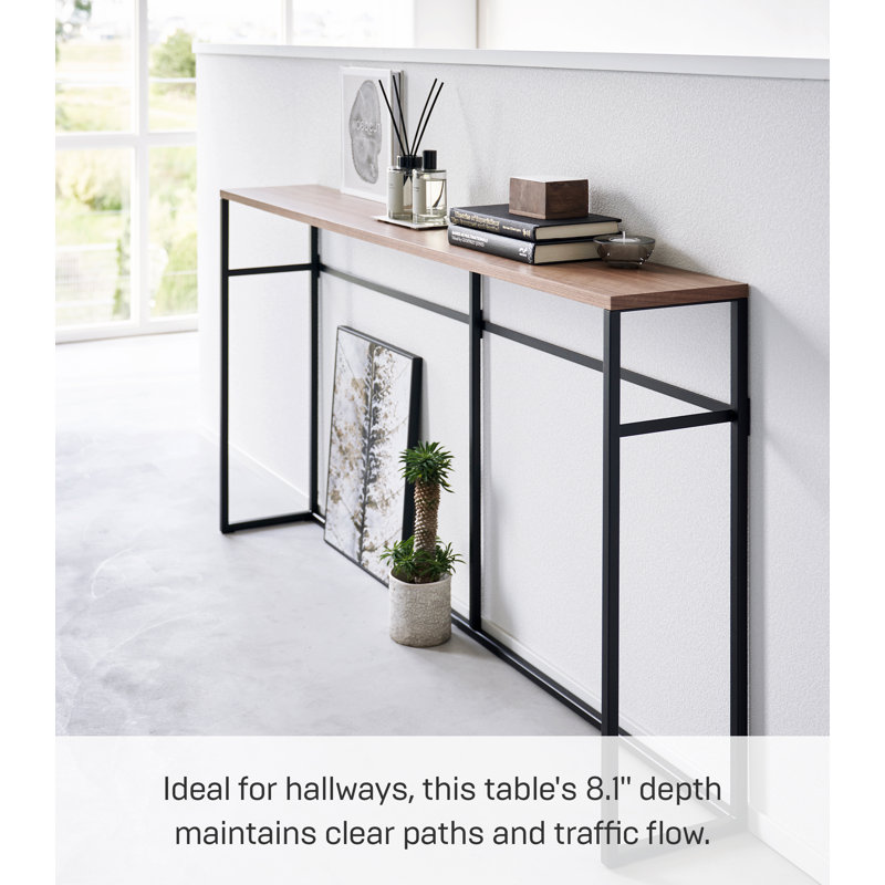 Slim Black Metal and Wood Console Table with Storage Hooks