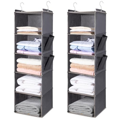 Hanging Closet Organize And Shelves，5-Hanging Shelf With 2 Side Pockets，Storage Foldable （2 Pack ，Grey）