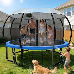 Trampoline de cour arrière de 12 pi Fiziti avec enceinte de sécurité, panier de basketball, arroseur, lumières