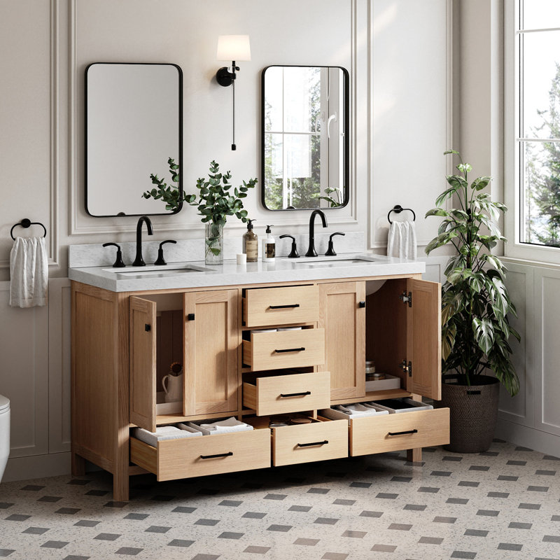 Meuble-lavabo double 72 po avec dessus de meuble-lavabo Cambridge, Chêne, Rectangle, 60" W