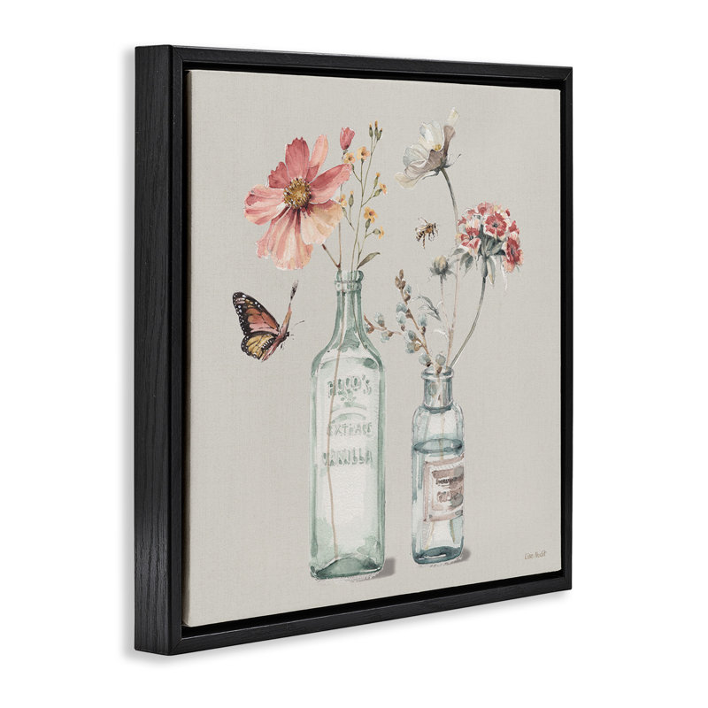 Peinture de pot de fleur et papillon, H 18 po x l 18 po, Cadre flottant noir de jais
