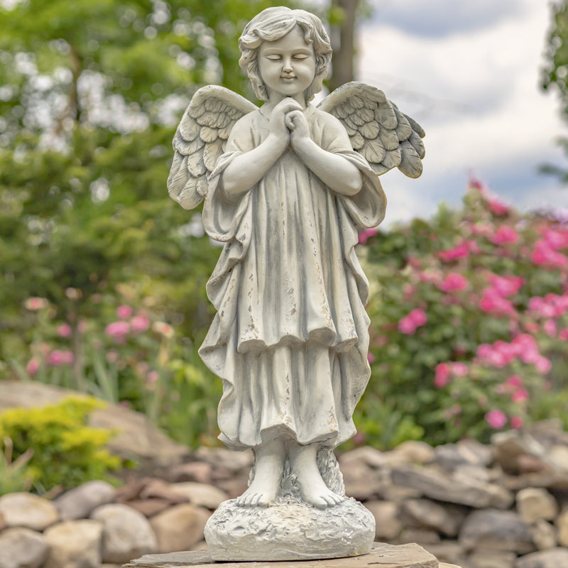 Statue de jardin enfant ange priant Magneisum, Blanc antique