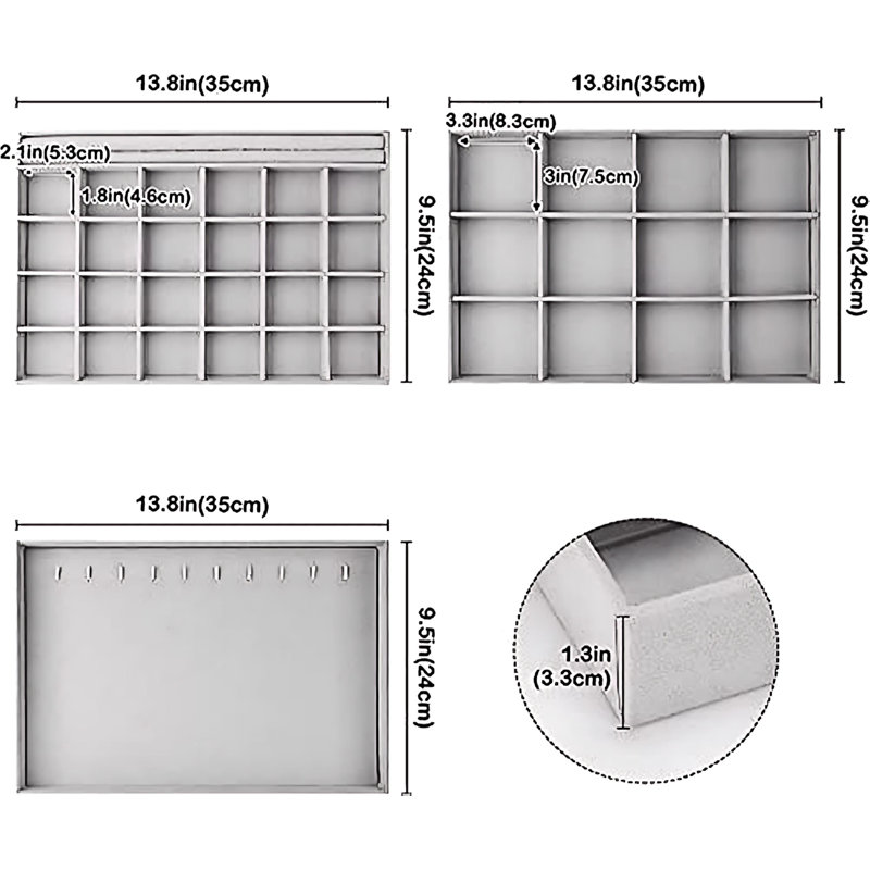 3 Stackable Jewellery Trays Organizer Set For Drawers, Jewellery Drawer Insert Divider Jewel Display Storage With Removable Dividers -Grey