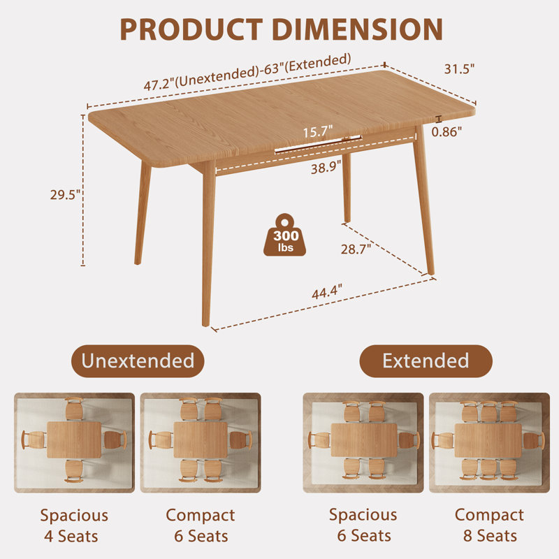 Daniel Solid Wood Extendable Dining Table with Seamless Expansion from 47.2 to 63 Inches, Seats 4 to 8 People, Easy Assembly, Perfect for Dining Room, Kitchen, and Living Room