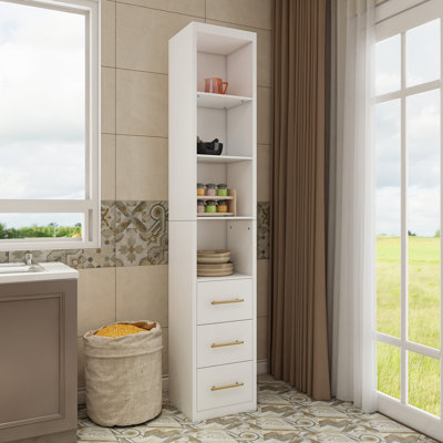 Armoire de rangement étroite 85 po avec 3 tiroirs et 4 tablettes ouvertes, armoire de plancher mince blanche moderne pour petits espaces